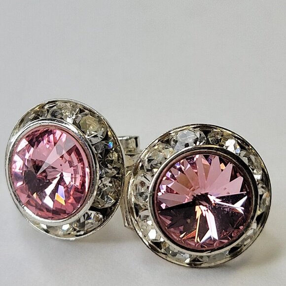 Pink Clip On Earrings, Small Round Pink Crystal Earrings, Tiny Pink ClipOns - Picture 1 of 3